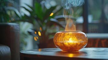 Warm Ambiance of a Cozy Room With a Glass Bowl Emitting Gentle Smoke During Late Afternoon photo