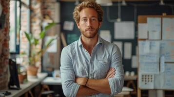 Confident Professional Standing With Arms Crossed in a Modern Office Space During Daylight Hours photo
