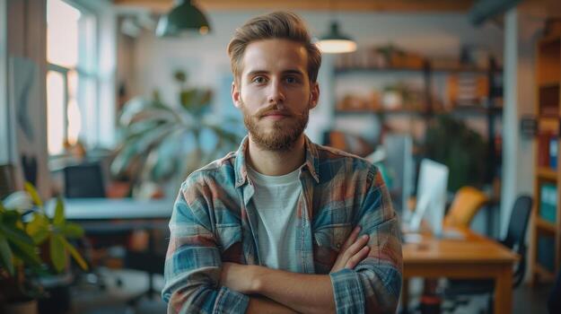 Creative Young Professional Posing Confidently in Modern Workspace Surrounded by Greenery photo