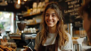 Joyful Barista Interacting With Customers in a Cozy Urban Coffee Shop During Afternoon Hours photo