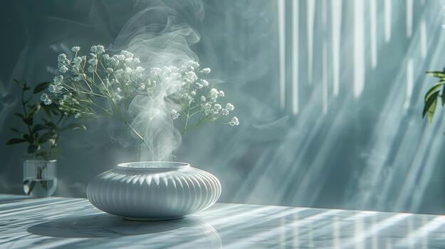 Serene Morning Atmosphere With Aromatic Diffuser and Fresh Flowers in Bright Sunlit Room photo