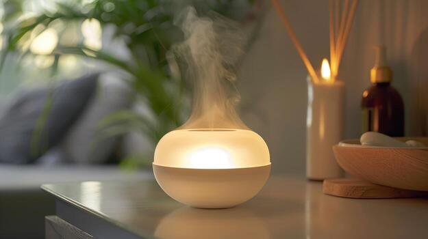 Serene Indoor Atmosphere Created by Aromatherapy Diffuser With Soft Glow and Gentle Mist in Cozy Living Space During Evening Relaxation photo