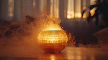 Warm Glow of a Handcrafted Pot Surrounded by Gentle Mist at Sunset in a Cozy Living Space photo