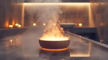 Enigmatic Ceramic Bowl Emitting Mystical Steam On An Elegant Marble Countertop At Night photo