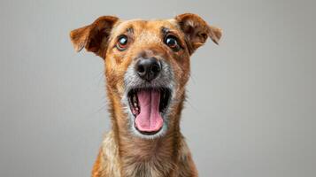 Joyful Dog Expressing Excitement With Wide Open Mouth in a Studio Setting photo