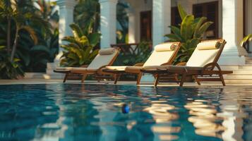 Serenity and Relaxation at a Luxurious Poolside Retreat Surrounded by Lush Greenery in the Early Evening photo
