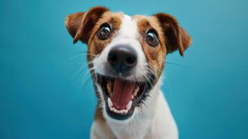 Joyful Dog Grinning Against a Vibrant Blue Background Captured on a Bright Sunny Day photo