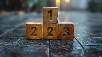 Weathered Wooden Blocks Displaying Numbers One, Two, and Three Surrounded by Rain-Drenched Outdoors photo