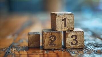 Wooden Number Blocks Stacked Neatly on Rustic Tabletop in Soft Natural Light photo