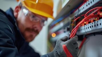Skilled Electrician Working Diligently on Wiring in Indoor Electrical Panel During Daylight Hours photo