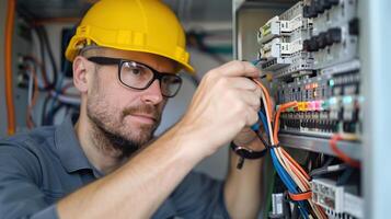 Skilled Technician Installing Electrical Wiring in Control Panel During Daylight Hours photo