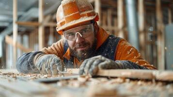 Craftsman Skillfully Shaping Wood in a Rustic Workshop During Golden Hour photo