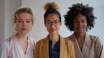 Three Confident Women Smiling Together in a Bright Indoor Space During Daytime photo
