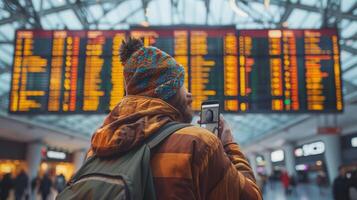 Traveler Wearing Colorful Hat Checks Flight Information at Busy Airport Terminal in Early Morning photo