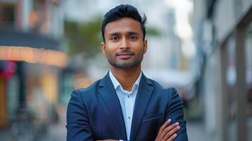 Confident Business Professional Standing in Urban Street During Late Afternoon photo