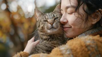 A Joyful Moment of Connection Between a Girl and Her Adorable Tabby Cat in Autumn photo
