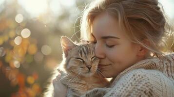 Joyful Bonding Moment Between a Woman and Her Adorable Cat in a Serene Autumn Park photo