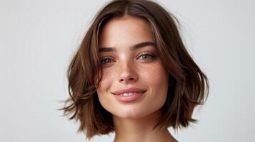 Radiant Young Woman Smiling Joyfully Against a Minimalist Background During Daylight photo