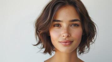 Radiant Young Woman Smiling Against a Soft Neutral Background in Bright Natural Light photo