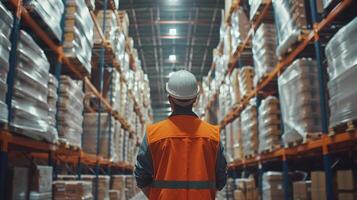 Observant Warehouse Worker Surveys Organized Stock Shelves Inside Busy Distribution Center photo