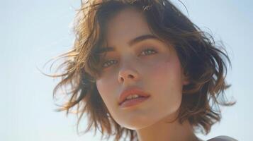 Sun-Kissed Young Woman With Windswept Hair Embracing a Beautiful Day at the Seaside During Golden Hour photo