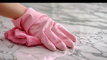 A Hand in Pink Gloves Cleaning a Marble Surface With a Soft Cloth in Bright Natural Light photo