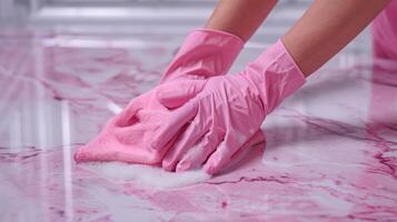 Vibrant Cleaning Action in a Bright Space With Pink Gloves and Clean Surfaces photo
