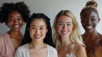 Four Women Smiling Together in Bright Natural Light, Celebrating Diversity and Friendship in a Modern Studio Setting photo