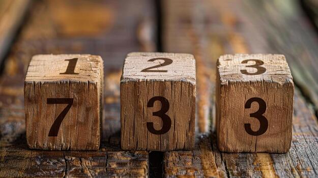 Rustic Wooden Blocks Displaying Numbers on Weathered Table in Natural Light photo