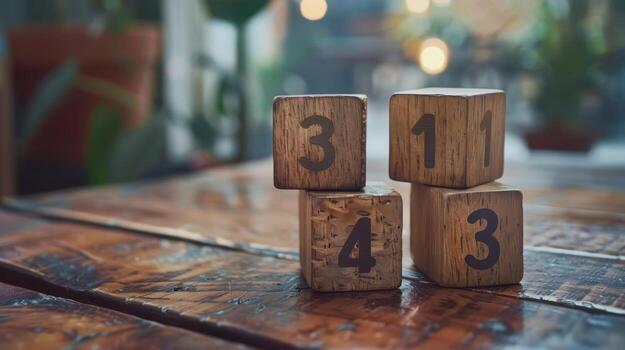 Artfully Arranged Wooden Blocks Displaying Numbers On Rustic Table In Cozy Indoor Setting photo