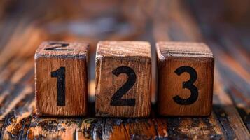 Vintage Wooden Blocks Displaying Numbers One, Two, and Three on Rustic Surface photo