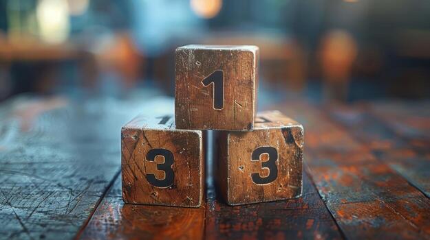 Creative Wooden Blocks Stacked Artistically on Rustic Table in Warm Ambient Light photo