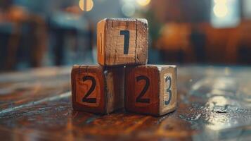 Vintage Wooden Blocks Stacked Creatively on a Rustic Table in a Cozy Cafe at Twilight photo