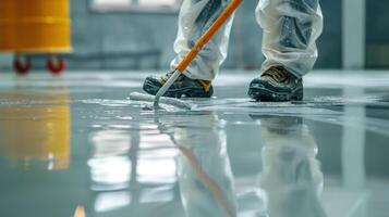Skilled Worker Coating A Newly Leveled Concrete Floor In A Bright Industrial Space photo