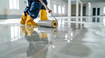 Vibrant Coating Application on a Newly Finished Floor in an Industrial Space photo