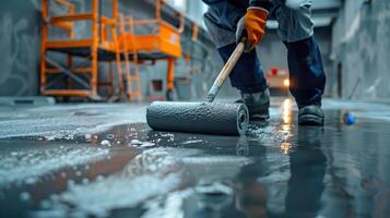 Focused Worker Applying Fresh Concrete to Floor in Modern Industrial Facility During Daylight Hours photo