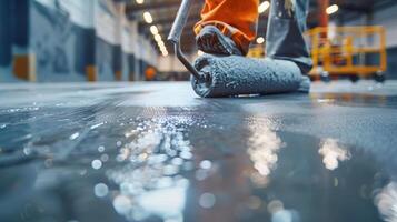 Creative Workshop Transformation With Floor Roller Application in Bright Warehouse Setting photo