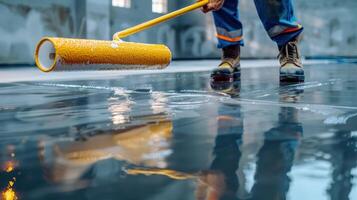 Dedicated Worker Applying Fresh Coat of Paint in Industrial Warehouse at Dusk photo