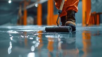 Artistically Coating a Floor With Fresh Paint in a Brightly Lit Warehouse at Dusk photo