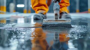 Skilled Worker Applying Fresh Epoxy Coating to Gleaming Warehouse Floor in Brightly Lit Industrial Space photo