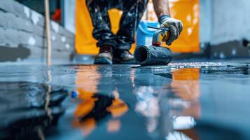 Craftsman Applying Sleek Epoxy Coating to a Newly Finished Floor in a Modern Workshop photo