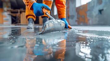 Professional Worker Applying Fresh Epoxy Coating on a Modern Industrial Floor in a Bright Renovated Space photo