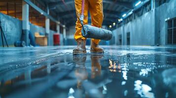 A Worker Smoothly Painting the Glossy Floor of a Spacious Warehouse During Daylight Hours photo