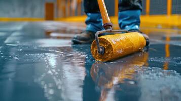 Skilled Worker Applying Fresh Coat of Paint on Newly Renovated Floor at Construction Site photo
