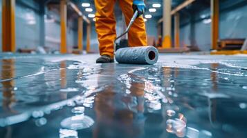 Creating a Smooth Surface With Reflective Finish in an Industrial Warehouse During Daylight Hours photo