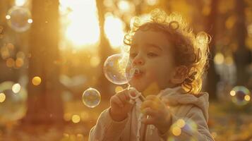 A Young Child Joyfully Blowing Bubbles Amidst Sunlit Autumn Foliage in the Evening Glow photo