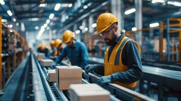 Dedicated Workers Organizing Packages on an Assembly Line in a Busy Warehouse During Daylight Hours photo