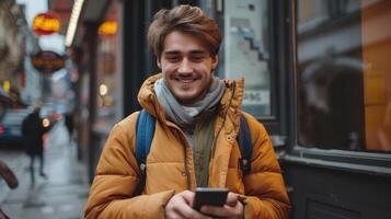 Smiling Young Man Enjoying a Rainy Day While Texting on His Phone in a Busy Urban Street photo
