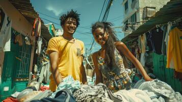 Joyful Encounter Between Friends Over Laundry At Vibrant Marketplace Under Bright Sunlight photo