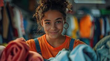 Cheerful Young Woman Sorting Colorful Clothes in a Lively Thrift Store During Sunlit Afternoon photo